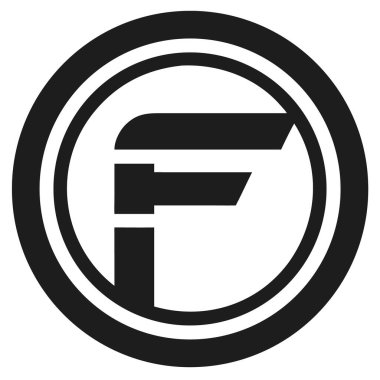 Beyaz arkaplanda daire şeklinde bir logo dizaynı olan siyah soyut F harfi. Şirket kimliği ve markalaşma için basit, geometrik şekil.