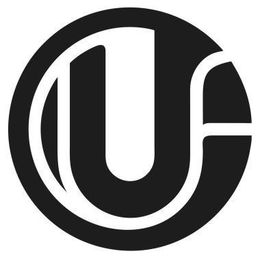 Beyaz bir u harfi ve f f f f f f f f f dizaynı içeren siyah daire. Kalın şekilli ve yuvarlak kıvrımlı minimalist stil.