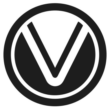 Beyaz arka planda çift dairesel grafik sembolün içindeki siyah V harfi. Basit, minimalist tasarım.