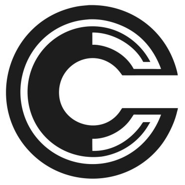 Beyaz arka planda soyut bir C harfi sembolü olan siyah dairesel bir logo. Tasarım minimalist ve geometrik..