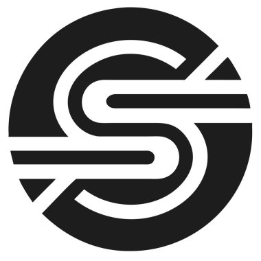 Siyah dairesel şekil beyaz arkaplanda ok aksanlı beyaz bir S harfi içerir. Minimalist logo tasarımı.