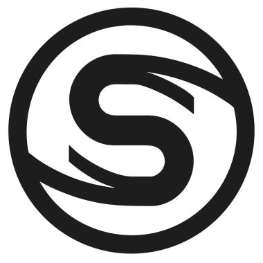 Beyaz bir arkaplanda bir dairenin içindeki siyah soyut S harfi. Yuvarlak şekilli ve kalın çizgileri olan basit logo tasarımı.