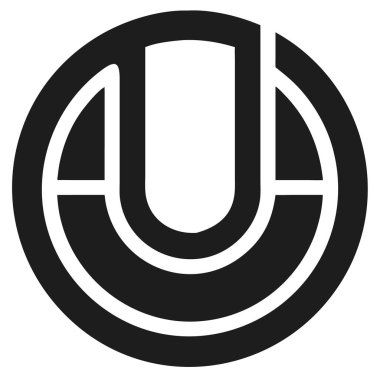 Beyaz zemin üzerinde dairesel bir yapı içinde siyah harfli U logosu. Geometrik formları ve kalın çizgileri olan minimalist tasarım.