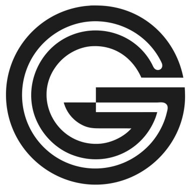 Beyaz arka planda geometrik tasarımı olan dairesel formdaki siyah G harfi. Kalın çizgiler ve yuvarlak şekilli basit logo.