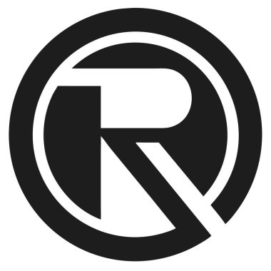 Üzerinde yuvarlak bir şekle bürünmüş soyut R harfi bulunan siyah ve beyaz bir logo. Basit, minimalist tasarım, kalın çizgiler ve geometrik şekiller..
