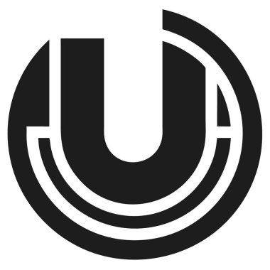 Kesiklerle çevrili bir çemberin içindeki siyah U harfli logo tasarımı, temiz beyaz bir arkaplan üzerine kurulmuş. Minimalist ve geometrik stil.