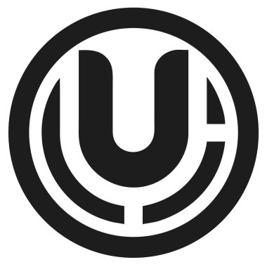 Siyah ve beyaz logoda U harfi ve beyaz arka planda dairesel motif içinde soyut şekiller var. Cesur çizgileri olan minimalist tasarım.