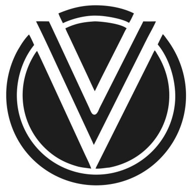 Çemberin içinde soyut V harfi bulunan siyah ve beyaz grafik. Tasarım minimalist ve temiz, kalın çizgiler ve sağlam şekillerle..