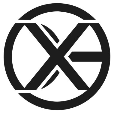 Beyaz arka planda, dairesel şekilli minimalist logo dizaynı içindeki siyah soyut X harfi.