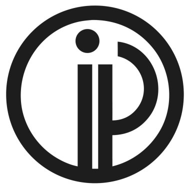 Siyah dairesel logo, soyut I harfi ve beyaz arka planda p harfi. Logoda cesur, minimalist bir tasarım var..