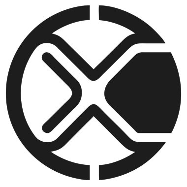 Siyah ve beyaz grafikte soyut X harfi segmentli daire şeklinde. Kalın çizgileri ve negatif alanı olan minimalist tasarım.