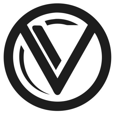 Çemberin içinde soyut minimalist tasarımı olan V harfini içeren siyah ve beyaz grafik.