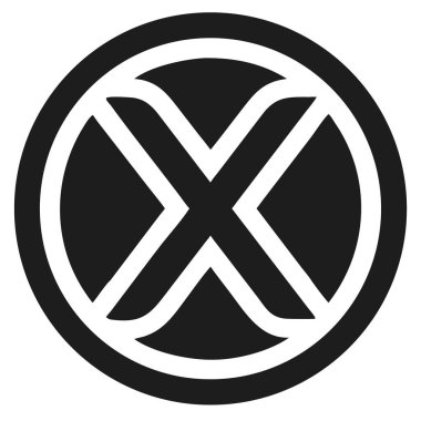 Beyaz soyut bir X harfi tasarım elementi içeren siyah daire. Basit, minimalist tasarım kalın çizgiler ve yüksek kontrastla.