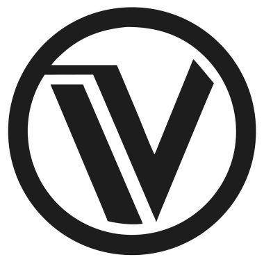 Beyaz arka planda siyah bir çemberin içindeki siyah V harfi. Logo veya sembol tasarımı için basit kalın grafik ögesi.