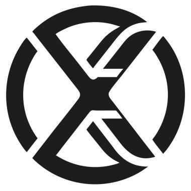 Siyah soyut harf X, daire şeklinde beyaz boşluk ve kesit tasarımı ile çizilmiş. Beyaz arkaplanda minimalist stil logo ögesi.