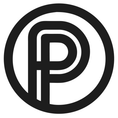 Beyaz arka planda siyah bir çember içinde siyah harf P. Cesur hatları olan basit grafik ögesi.