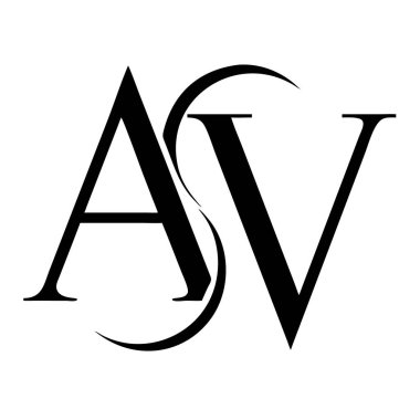Beyaz arka planda kıvrımlı aksanlı siyah AV logosu. Basit, temiz ve zarif vektör grafiği.