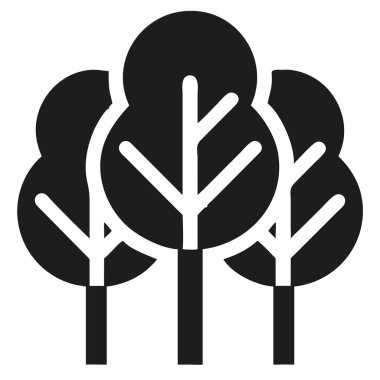 Beyaz arka planda görünen beyaz dalları olan üç yuvarlak ağaçtan oluşan siyah beyaz grafik simgesi.