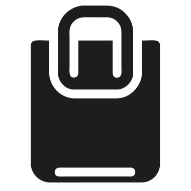 Katı siyah bir vektör grafiği basit bir alışveriş poşeti simgesini sapı ve taban çizgisiyle betimler.