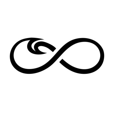 Sol tarafında dekoratif girdap olan siyah monolin sonsuzluk sembolü beyaz arka planda..