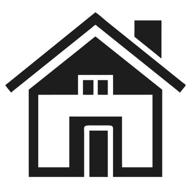 Sabit çatı ve bacası olan basit bir ev taslağının siyah beyaz grafik silueti.