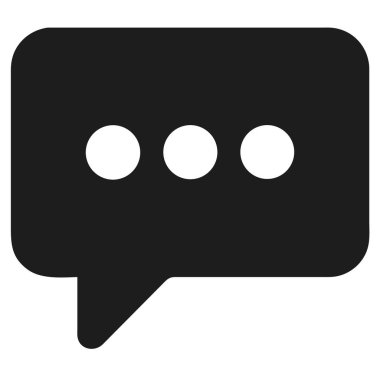 İçinde üç beyaz nokta bulunan katı bir siyah konuşma balonu simgesi düz beyaz bir arkaplan üzerine kuruludur.