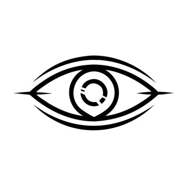 Eş merkezli halkaları ve segmentli göz bebeği olan siyah bir göz grafiği beyaz bir arkaplan üzerine kuruludur..