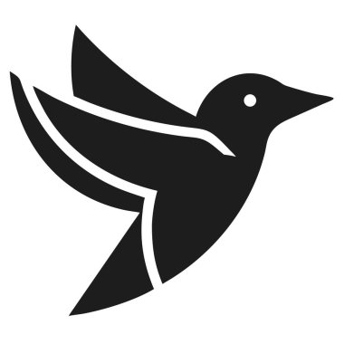 Siyah stilize edilmiş sinekkuşu silueti, uçuşun ortasında beyaz bir zemine karşı.