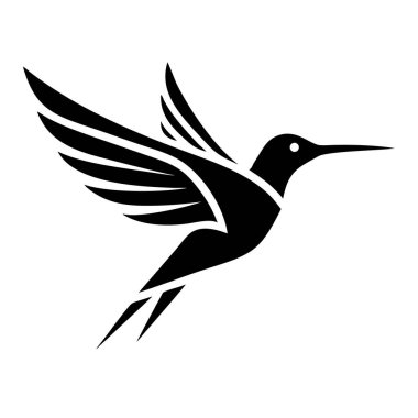 Siyah stilize edilmiş sinekkuşu silueti beyaz arka plana doğru uçuyor. Kuşun uçsuz bucaksız kanatları ve sivri bir gagası var.