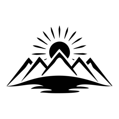 Siyah bir siluet, sivri dağ zirvelerinin ardında yükselen ve suya yansıyan stilize bir güneşi tasvir eder..