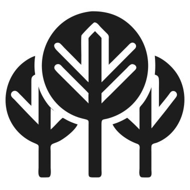 Dairesel tepe örtüsü ve sivri yaprak şekilli üç siyah ağaç temiz beyaz arka plana karşı dururlar..