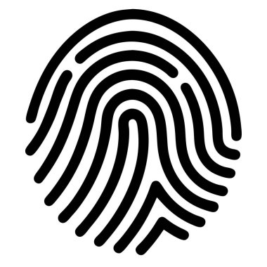 Farklı çıkıntıları ve desenleri olan siyah bir parmak izi simgesi temiz beyaz bir arkaplanda görüntülenir.