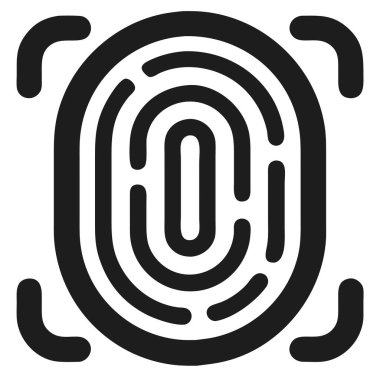 Siyah bir parmak izi simgesi dört köşeli parantez ile kaplıdır, bu da beyaz üzerinde bir tarama ya da tanımlama işlemi olduğunu gösterir.