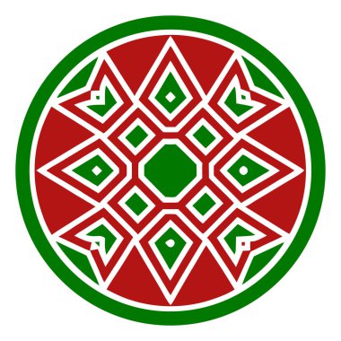 Kırmızı ve yeşil renkli karmaşık geometrik bir mandala tasarımı beyaz arkaplanda dairesel bir çerçeve içinde yıldız ve elmas şekilleri içerir..