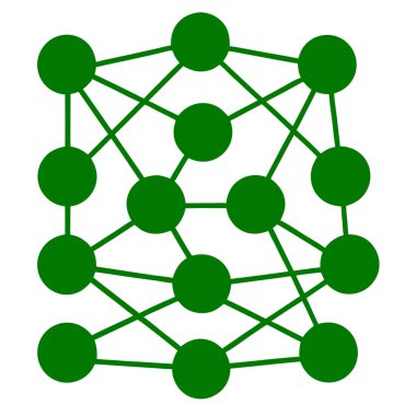 Beyaz arkaplan üzerinde çoklu çakışan bağlantılara sahip birbirine bağlı yeşil düğümlerden oluşan karmaşık bir ızgara.