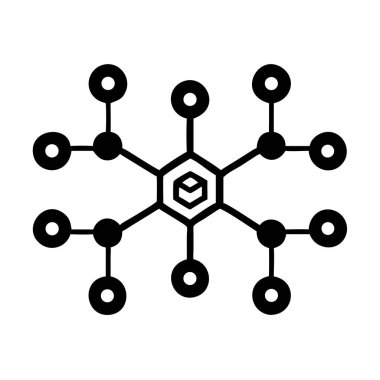 Bir ağı sembolize eden, çoklu yayılan düğümlere bağlı merkezi bir altıgen tasvir eden siyah ve beyaz bir simge.