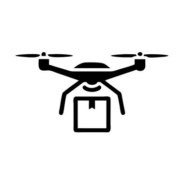 Beyaz arka planda küçük bir paketin asılı olduğu siyah bir İHA simgesi. Net detaylar ve canlı renkler görsel cazibeyi artırır.
