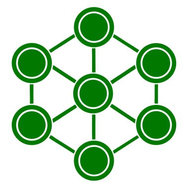 Birbirine bağlı çemberlerin simetrik bir ağ oluşturan yeşil geometrik bir çizimi, bağlantı ve veriyi sembolize eder.