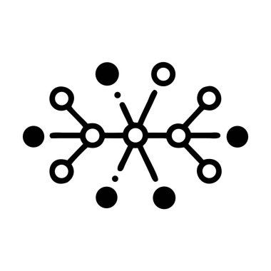 Bir ağ ya da molekülü temsil eden, daire ve noktalara bağlanan çizgilerle merkezi bir düğümü resmeden soyut bir siyah ve beyaz simge.