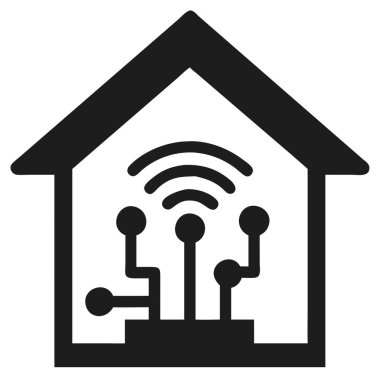 Beyaz arka planda kablosuz ağ sinyali ve devre kartı olan bir evin siyah silüeti..