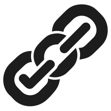 Bağlantının içinde beyaz bir arkaplanda izole edilmiş kontrol işareti olan birbirine kenetlenmiş üç zincirin siyah simgesi..