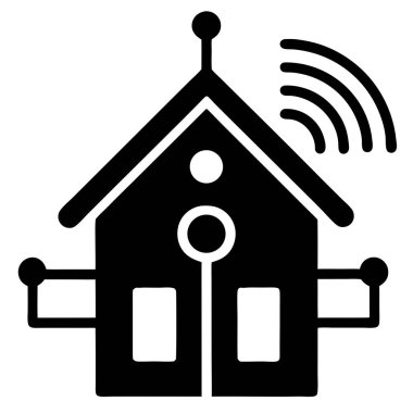 Beyaz arka planda anten, kablosuz ağ sinyali ve devre benzeri bağlantıları olan bir ev simgesi..