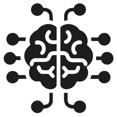 Beyni temsil eden siyah ve beyaz bir simge. Birbirine bağlı düğümler, beyaz arka planda yapay zekayı sembolize ediyor..