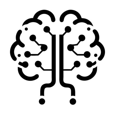 Beyaz arka planda yapay zekayı temsil eden görünür ağ bağlantıları ve düğümleri olan bir beynin siyah ve beyaz simgesi.