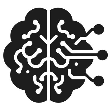 Dijital bağlantıları temsil eden tümleşik devre kartı çizgileri ve düğümleri olan bir beynin siyah silueti.
