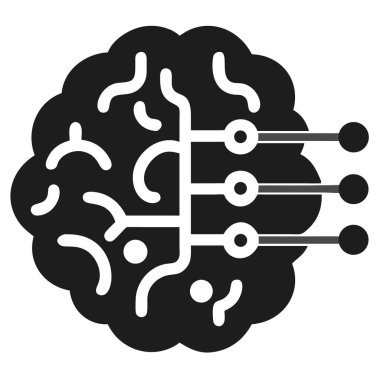Dijital bağlantıları temsil eden tümleşik devre kartı çizgileri ve düğümleri olan bir beynin siyah silueti.