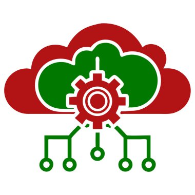 Beyaz arka planda teçhizatlı ve devre kartı bağlantıları olan kırmızı ve yeşil bir bulut simgesi. Net detaylar ve canlı renkler görsel AP 'yi güçlendirir...