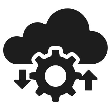 Veri akışını gösteren, dişli ve yükleme / indirme okları olan siyah bir bulut simgesi. Net detaylar ve canlı renkler görsel cazibeyi artırır.