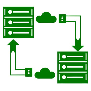 Beyaz arkaplandaki veri akışını ve ağ bağlantılarını gösteren bulut simgeleri ve oklarla bağlanmış yeşil sunucu rafları.