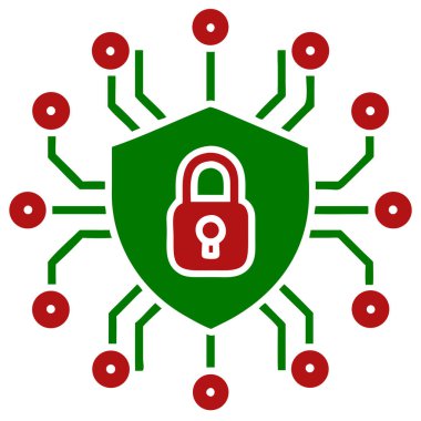 Kırmızı düğümlerle çevrili kırmızı asma kilit simgesi ve beyaz arka planda yeşil devre kartı çizgileri olan yeşil bir kalkan..